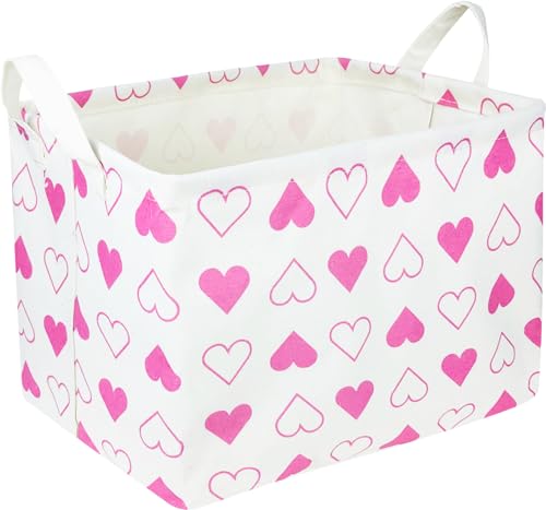 Image of HKEC Pink Gift Basket Empty with Handles for Kids,Pink Heart Print Basket,Gift Basket for Girlfriend,Room Decor(Pink Love)