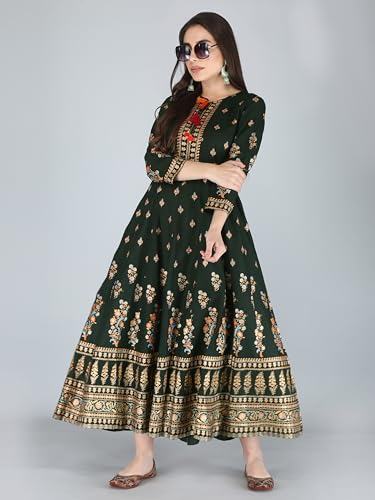 Image of Aj Art Anarkali Kurti for Women and Girls Floral Golden Print Regular Slim Fit Rayon Blue (Set of 1)