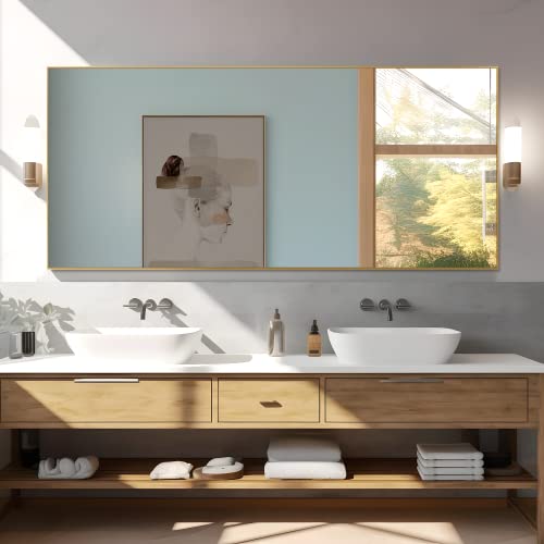 Image of NeuType 71 inchx32 inch Full Length Mirror with Standing Holder Aluminum Alloy Frame Floor Mirror Wall-Mounted Mirror for Living Room, Bedroom, Hanging or Leaning Against Wall, Golden (with Stand)