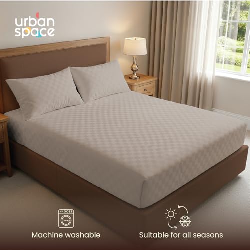 Image of Urban Space 100% Cotton 300TC Jacquard Fitted bedsheets for King Size Bed, Pure Cotton Bedsheet King Bed, Checks Fitted bedsheet King Size with 2 Pillow Covers (72 x 78 Inches, Soft Brown Cubes)