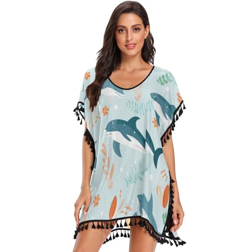 Repeating Pattern Dolphins Women's Beach Cover Up Chiffon Tassel Swimwear Swimsuit Coverups for Girl