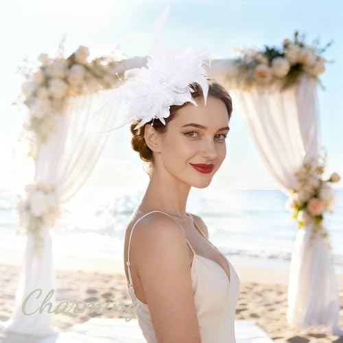 Image of DRESHOW Womens Fascinators Hats Tea Party Hats for Women Pearl Lace Feather Hat Vintage Derby Hats for Wedding Cocktail