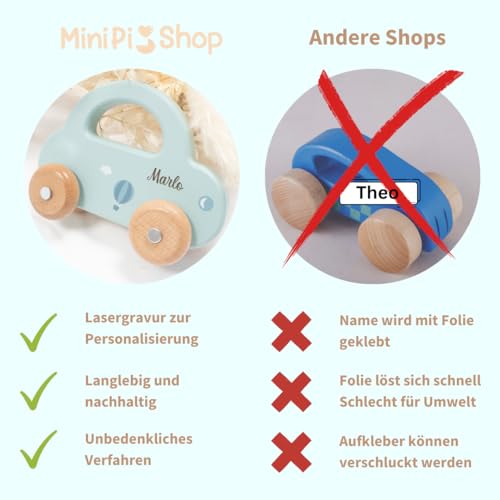 minipishop® Babygeschenke zur Geburt Junge personalisiert -Holzauto ab 1 Jahr als Spielzeug oder Babygeschenk Geburt türkis Erstes Auto mit Namen