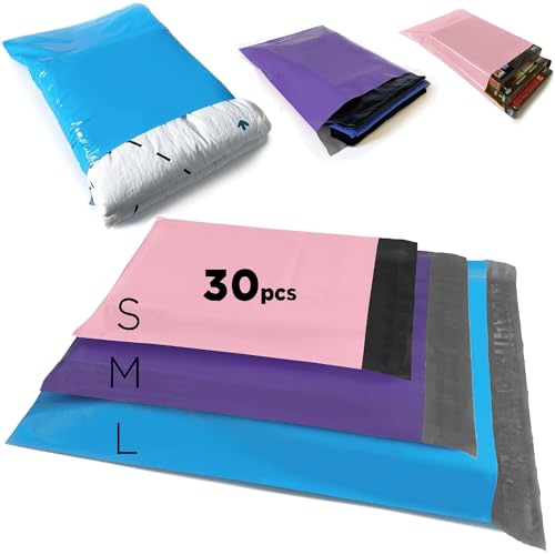 Busta di plastica per spedizione, 30 buste per spedizione, confezione Vinted, impermeabile e antistrappo, autoadesivi, opache per vestiti, scarpe, libri (32 x 45 25 x 35 20 x 30, blu viola ros