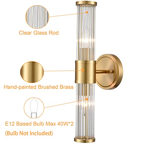 Image of Mid-Century Wall Sconces Brass Glass Rod Wall Light 2-Light Vanity Wall Lights Fixtures for Bedroom Hallway Living Room