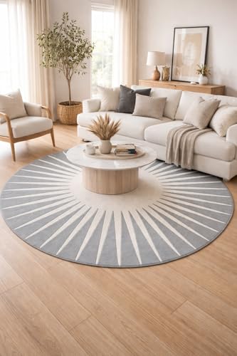 Handmade Wool Round Area Rug with Sunburst Geometric Pattern, Soft