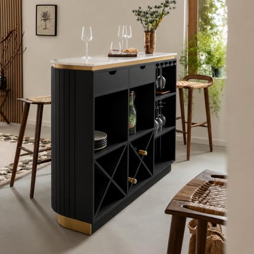 Image of The Attic Carlston Bar Cabinet for Home, Hard and Soft Drinks Bar Storage Cabinet, Wine Whisky Scotch, Solid Mango Wood, Black Matte Finish with Ceramic Marble Top