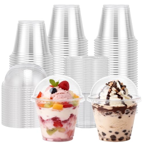 Image of Lamosi 200 Pack 9 oz Plastic Cups with Lids, Disposable Clear Cups with Lid | Small Cups with Dome Lid No Hole for Dessert, Ice Cream, Snack, Fruit, Cake, Pudding and To-go Drink, BPA Free, Freezer Safe