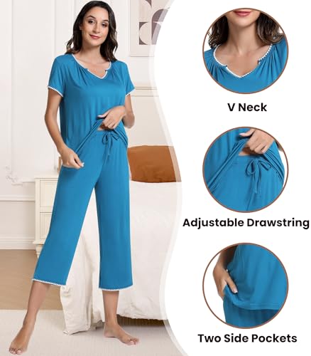 Image of NACHILA Bamboo Viscose Women's Pajamas Set Short Sleeve Pjs and Capri Pants | Soft like cloud