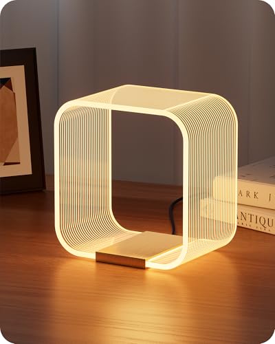 EDISHINE LED Tischlampe, moderne Nachttischlampe mit versteckter Lichtquelle & Lasergravur, Acryl & Aluminium, 3000K, 4W Dekolampe für Schlafzimmer, Wohnzimmer, Gold