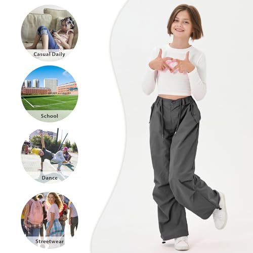 Image of Rolanko Parachute Pants for Girls Y2K Cargo Trousers with Pockets Harajuku Jogger Pants Kids 4-14 Years
