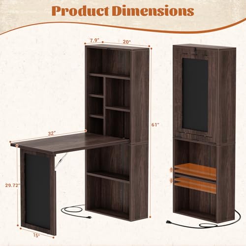 Image of Armocity Small Folding Desk with Outlets, Convertible Writing Desk for Small Spaces /Home Office /Craft Room, Multi-Function Desk Workstation with Blackboard, Fold-Out Cabinet Table, Black Walnut