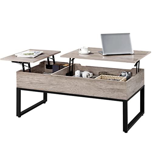 Yaheetech Two-Way Lift Top Coffee Table with Hidden Compartment and Adjustable Storage Shelf, Wood Center Dining Table with Raisable Top for Home Living Room Reception Room, Gray