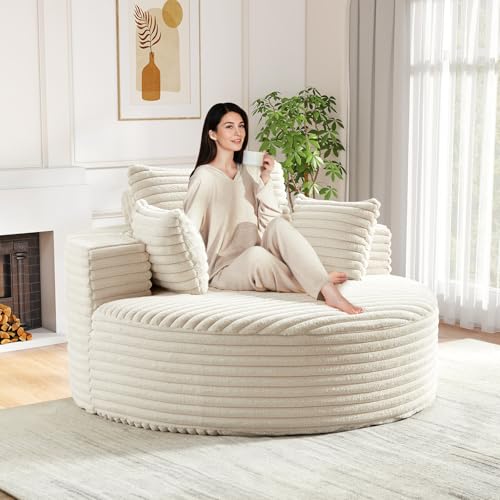 Oversized Round Chaise Longue Chair Indoor, Modern 55-inch Upholstered Corduroy Deep Seat Circle...
