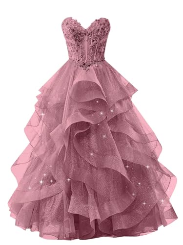 Sweetheart Quinceanera Dresses Tiered Glitter Tulle Lace Sequin Sweet 15 16 Dress for Quinceanera Dusty Rose US 14