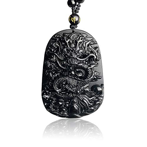 Spring.Rd Pendentif en obsidienne Dragon Luck - Pierre précieuse - Quartz - Guérison Reiki - Chakra - Collier avec cordon noir - Chaîne en obsidienne assortie, Pierre Cover
