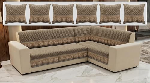 Image of Luxury Sofa Cover L Shape 6 Seater with Matching Cushion Cover 16x16 inch - Mouse Brown Luxury 3+3 Seater (6 Seater) Quilted Sofa Cover Set Pack of 11, Washable, Mouse Bronze