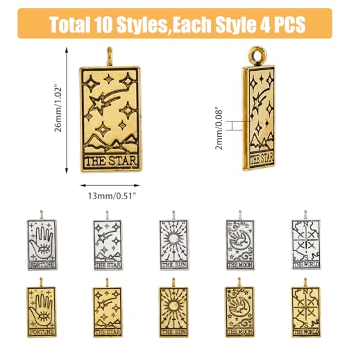 Dicosmetic 40pcs 5 Styles Tarot Card Charms Tibetan Style Alloy Pendants Golden and Silver Divination Rectangle Charms with Tarot Patterns Luck Amulet for DIY Jewelry Making Hole: 2mm - Image 2