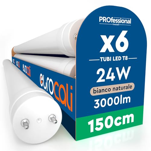 Eurocali 6 Tubi LED 24W 150cm T8 G13 SMD con Starter 3000 Lumen Garanzia 3 Anni - Luce Naturale 4000K - Alta Luminosità 125 lm/W - Materiale Nano Plastic Sostituzione Neon per Soffitto Garage Negozio