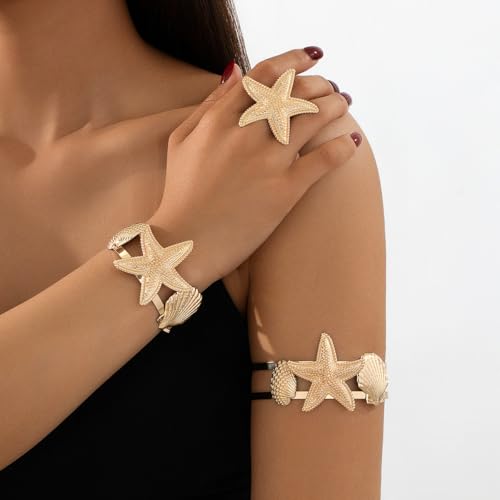 Gold Starfish Shell Ring Bracelet Cuff Arm Cuff 14K Gold Plated Adjustable Mermaids Starfish Shell Ring Bracelet Cuff Arm Cuff Set Summer Surf Ocean Mermaids Starfish Jewelry for Women2