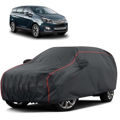 Image of Sulfar 100% Water Resistant Car Body Cover Compatible with Mirror for Mahindra Marazzo (Triple Stitched, Full Bottom Elastic, Dark Grey Taffeta with Red Piping)