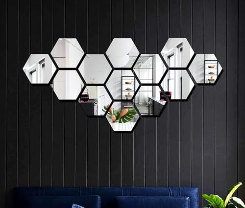 Image of Bikri Kendra - Hexagon 13 Silver Mirror Stickers for Wall, Acrylic Mirror, Wall Decor Sticker, Acrylic Stickers, Wall Stickers for Hall Room, Bedroom, Kitchen.