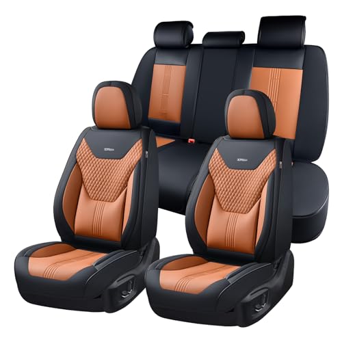 Image of Coverado Car Seat Covers Full Set, Front Seat Covers with Lumbar Support and Back Seat Cover Waterproof Leather Automotive Seat Cover, Universal Car Interior Protectors Cushion for Most Cars