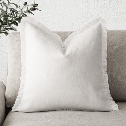 Image of Foindtower Decorative Linen Fringe Throw Pillow Covers Cozy Boho Farmhouse Cushion Cover with Tassels Soft Accent Pillowcase for Chair Sofa Bed Living Room Home Decor, 26x26 Inch, 1PC, Cream White