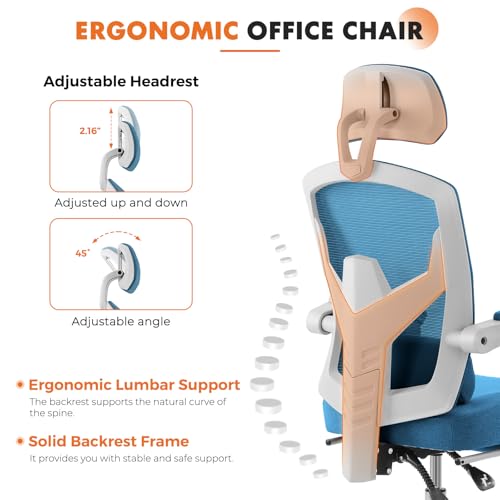 Image of Sweetcrispy Office Computer Desk Chair, Ergonomic High-Back Mesh Rolling Work Swivel Chairs with Wheels, Comfortable Lumbar Support, Comfy Arms for Home, Bedroom, Study, Student, Blue