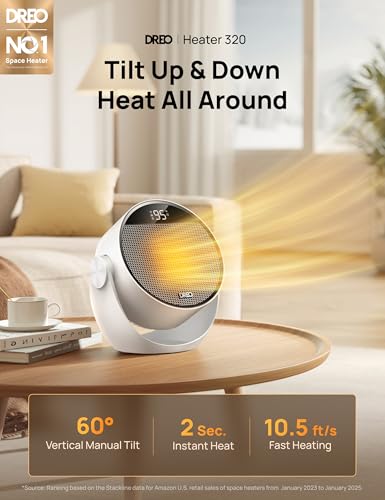 Image of DREO Space Heater 1500W, 60 Adjustable Tilt, 10.5ft /s Portable Electric Heaters for Indoor Use with Thermostat, 8 Safety Protections, 3 Modes, Remote, Quiet Desk Heater for Bedroom, Office, White