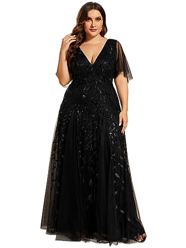 Ever-Pretty Women's Plus Size V-Neck Sequin Embroidery A Line Floor Length Formal Evening Dresses with Sleeves