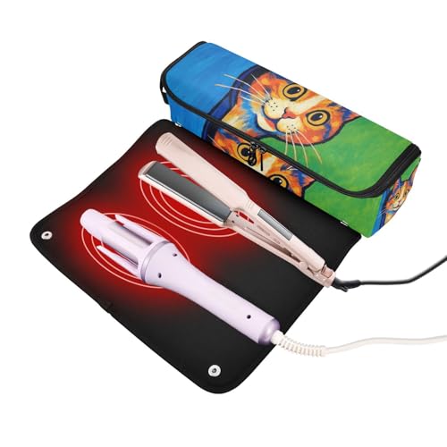 Estuche de viaje 2 en 1 para rizadores y planchas con protección contra el calor, organizador para herramientas de cabello, bolsa con diseño de gato verde y azul miniatura 2