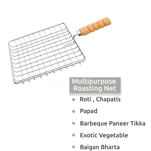 Image of Phulka Grill Roaster for Gas Stove, Grill Tawa Jali for Kitchen Cooking, Roti Basket Pulka Pan Roaster Grill with Wood Handle, Papad Jali, Deep Square Roaster (Steel Wire) (SQ002)