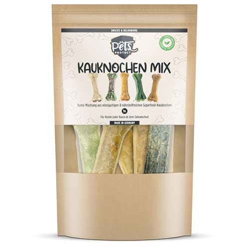 Pets Protect SUPERFOOD Kauknochen für Hunde 12cm | Kauknochen Mix | 5 einzigartige nährstoffreiche Kauknochen Kaustangen Hund für Groß & Klein | Made in Germany | getreidefrei | Kauleckerli