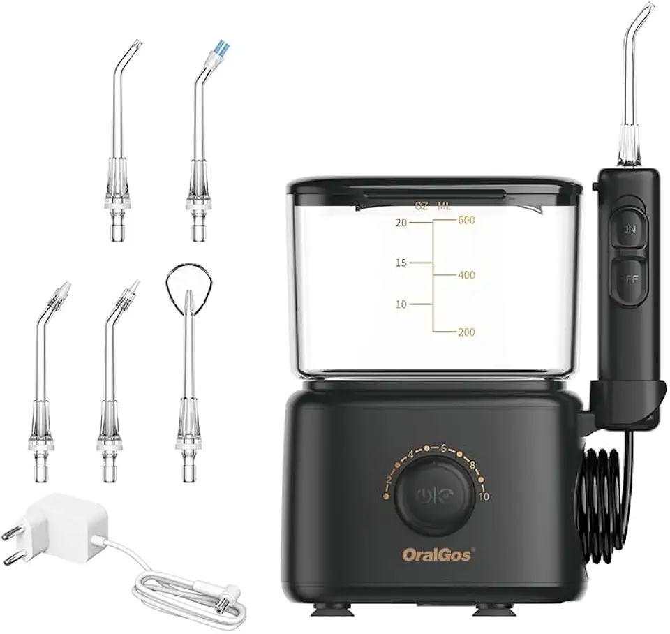 Irrigador Bucal Profissional, Reservatório de 600ml, Bivolt, Multifuncional Saúde, Limpeza Profunda, Jato de Água Ultrassônico, 10 Níveis de Pressão, Escova Elétrica, Versão Familiar, 5 Pontas Substituíveis, Preto