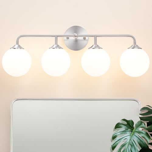 Image of Modern 4-Lights Brushed Nickel Vanity Lights Over Mirror, Bathroom Lighting Fixtures with Milk White Globe Glass Shade, Industrial Bathroom Wall Sconce for Dressing Table Bedroom Living Room