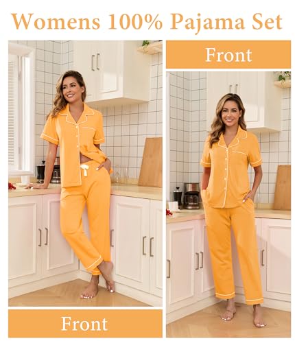 Image of CF Womens 100% Cotton Pajamas Set Button Down Pjs Sets Short Sleeve Top & Long Pants Sleepwear Comfy Loungewear with Pockets