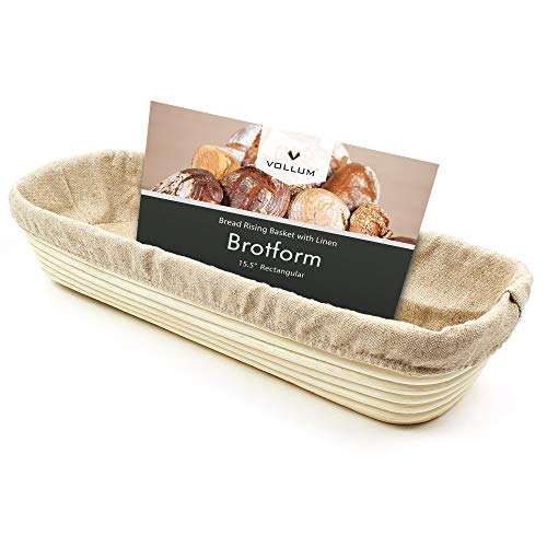 Vollum Bread Proofing Basket Banneton Baking Supplies for Beginners & Professional Bakers, Handwoven Rattan Cane Bread Maker for Artisan Breads, 15.5 x 6 x 3.5 Inch, 3-Pound Rectangular Brotform