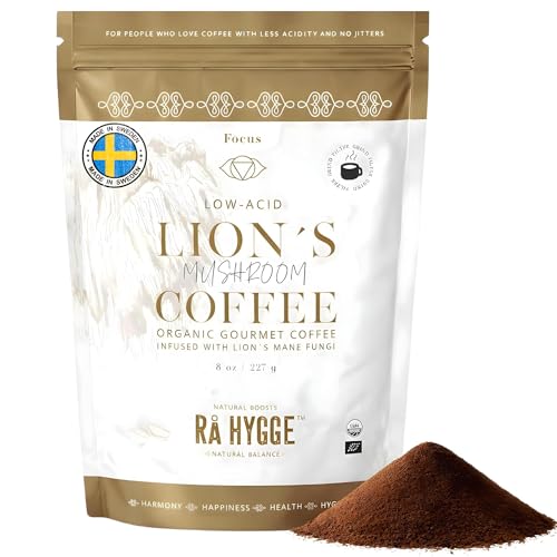 RÅ Hygge Lions Mane Mushroom Coffee Ground 227g Made in Sweden Medium Light Roast Peruvian Arabica with Dual Extract Lions Mane Low Acid Adaptogenic Coffee for Mental Clarity & Calm Focus