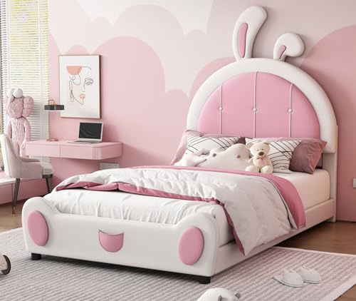 Merax Twin Bed Frames for Girls Kids, Platform with Ribbit Shaped Upholstered Headboard, White
