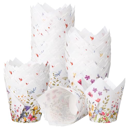 Vesici 200 Counts Wildflower Tulip Cupcake Liners Wildflower Baby Shower Decorations Liners Tulip for Baking Cups for Spring Easter Bridal Shower Wedding Festival Party