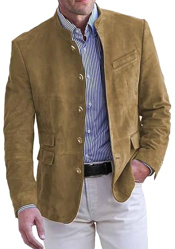 OMZIN Veste de Costume en Cuir Simili en Daim Homme Vêtement d’Extérieur de Mariage Vintage pour Bureau à Manches Longues Blazer Décontracté Kaki M