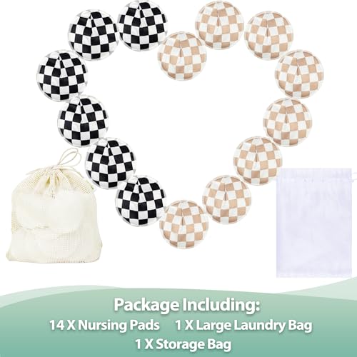 Image of wegreeco Nursing Breast Pads (14 Pack) + Laundry Bag & Travel Storage Bag, 4.7 inch - Washable & Reusable Breastfeeding Nursing Pads (Light Coffee, Black Checkerboard, Large, Contoured Shape)