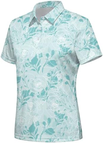 Hispotim Women's Short Sleeve Polo Shirt Lightweight Printed Golf Shirts Quick Dry Workout Golf Polo Shirts (Blue Flowers,2XL)