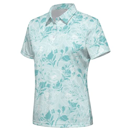 Hispotim Women's Short Sleeve Polo Shirt Lightweight Printed Golf Shirts Quick Dry Workout Golf Polo Shirts (Blue Flowers,2Xl) #TOP3