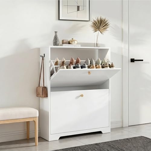 Nicetree Shoe Cabinet with 2 Flip Drawers, Narrow Shoe Organizer