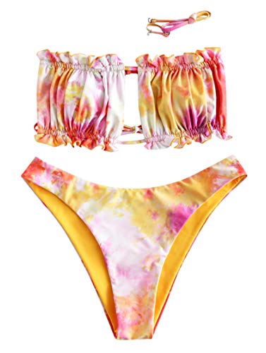 ZAFUL Women's Sexy Ruffle Tie Side Bandeau Bikini Set High Cut Strapless Padded Solid Bathing Suit