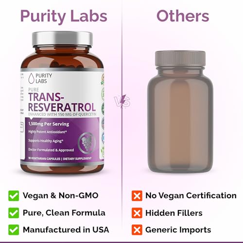purity labs pure organic trans resveratrol supplement with quercetin vegan antioxidant nutritional supplements for heart skin hair nails  sourced from japanese knotweed  90 capsules