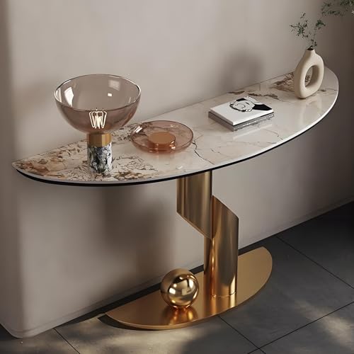 Mesa consola moderna con parte superior de mármol y base de metal, diseño semicircular creativo, iluminación LED para pasillo y sala de estar