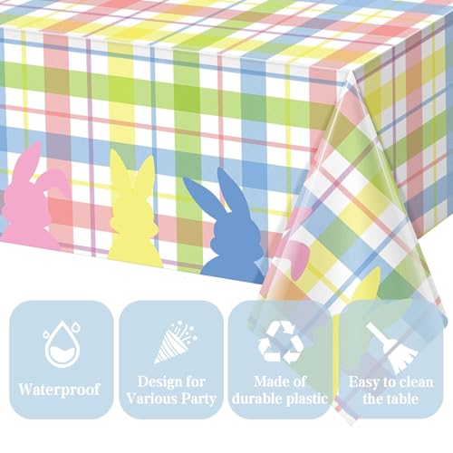Image of OQOQ Plaid Pastel Easter Tablecloth (3 Packs) -108x54 inches Easter Table Cloth Colourful Happy Bunny Disposable Waterproof Table Cover for Spring Party Decoration Picnic Dinning Home Decor